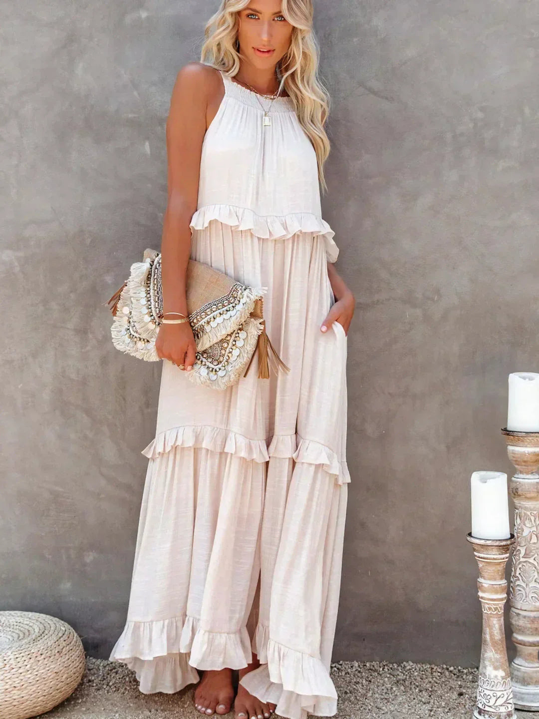Sunshine Breeze Halter Ruffle Maxi Dress with Pockets