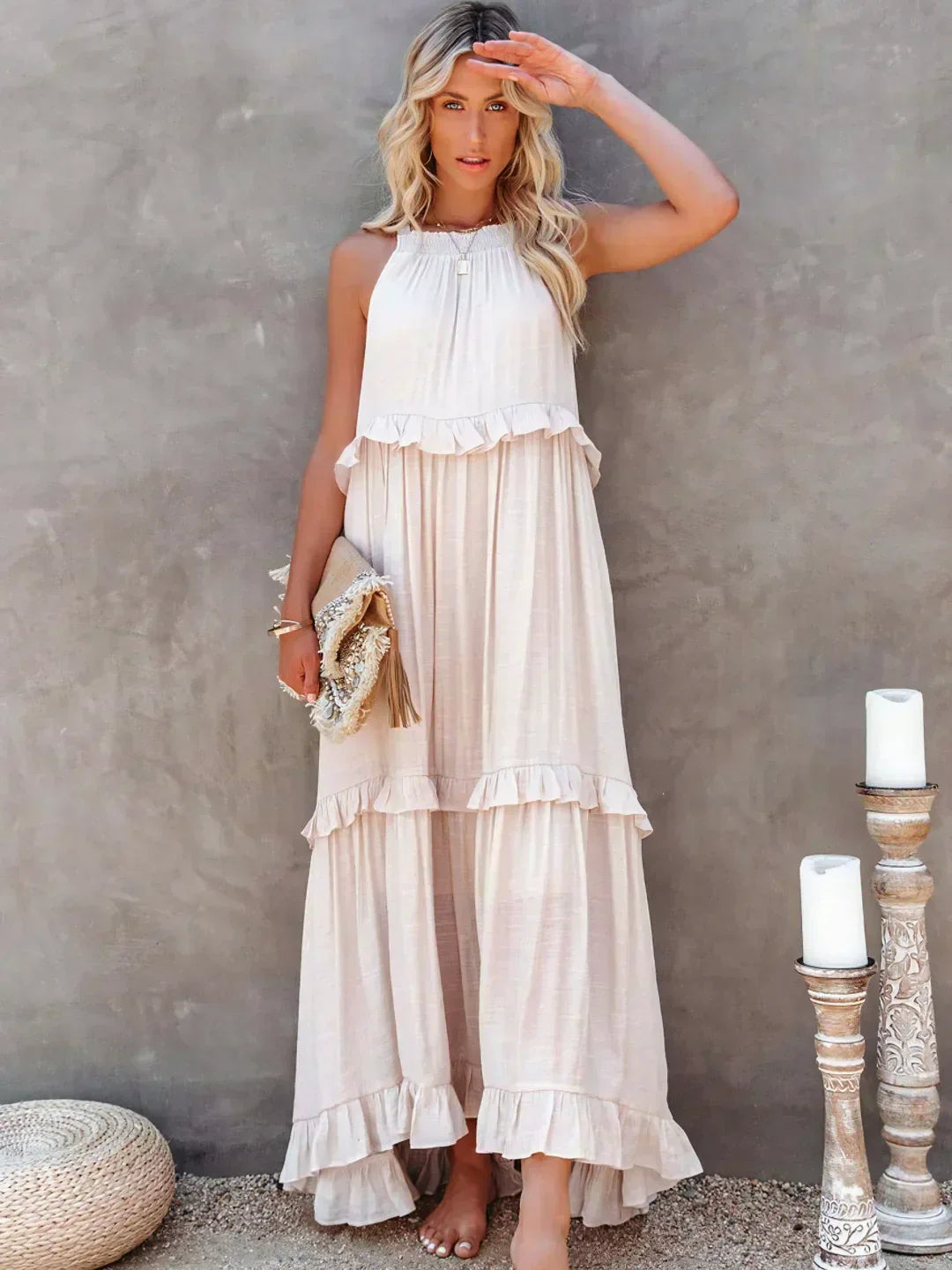 Sunshine Breeze Halter Ruffle Maxi Dress with Pockets
